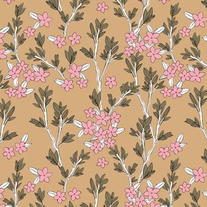 Romantic messy english garden leaves branches and flower blossom in ink neutral beige cinnamon green pink SMALL 