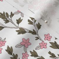 Romantic messy english garden leaves branches and flower blossom in ink pink camo green on white SMALL 