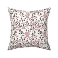 Romantic messy english garden leaves branches and flower blossom in ink pink camo green on white SMALL 