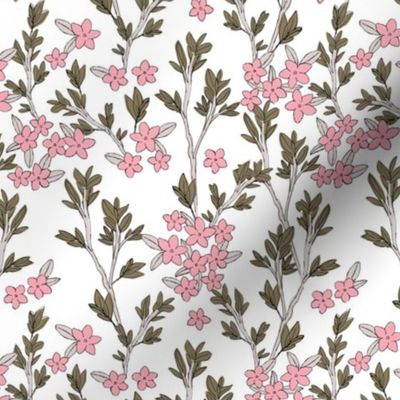 Romantic messy english garden leaves branches and flower blossom in ink pink camo green on white SMALL 