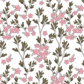 Romantic messy english garden leaves branches and flower blossom in ink pink camo green on white SMALL 