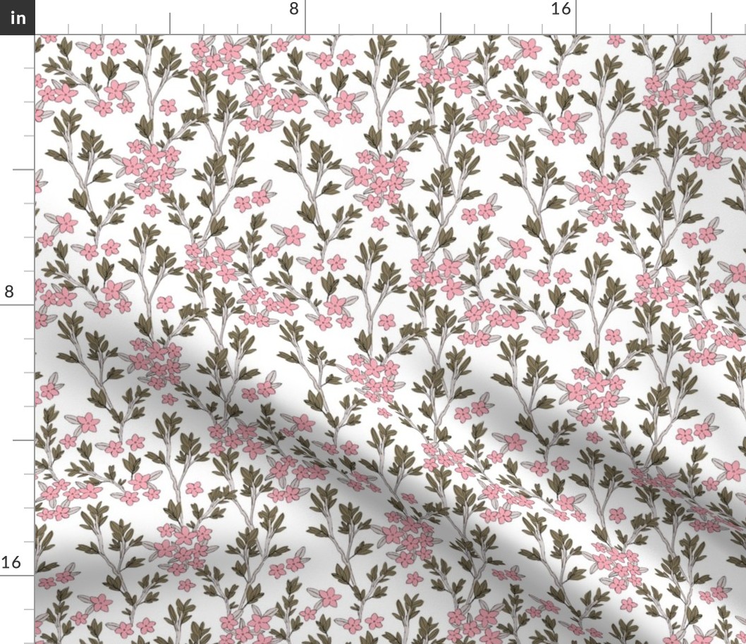 Romantic messy english garden leaves branches and flower blossom in ink pink camo green on white SMALL 