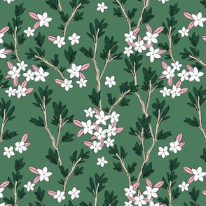 Romantic messy english garden leaves branches and flower blossom in ink green white pink SMALL 