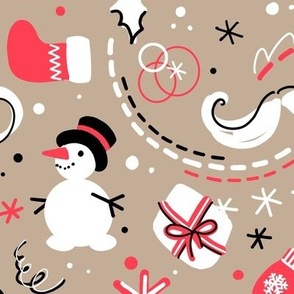 Christmas, christmas mix, merry snowman, christmas decor, winter holidays, snowflakes, christmas tree, christmas decoration, ho ho, christmas stuff, gift wrap, beige and red, winter activities.
