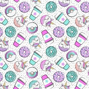 (1 " scale) Coffee and Unicorn Donuts - Rainbow and unicorn donuts toss -  polka dots - C21