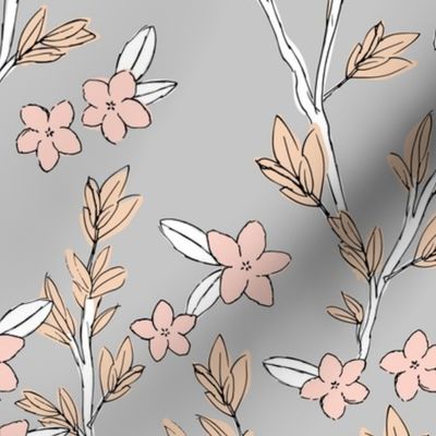 Romantic messy english garden leaves branches and flower blossom in ink pastel blush gray beige LARGE