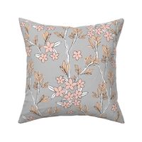 Romantic messy english garden leaves branches and flower blossom in ink pastel blush gray beige LARGE