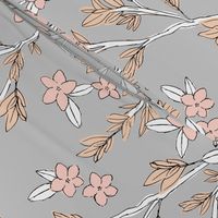 Romantic messy english garden leaves branches and flower blossom in ink pastel blush gray beige LARGE