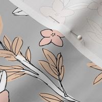 Romantic messy english garden leaves branches and flower blossom in ink pastel blush gray beige LARGE