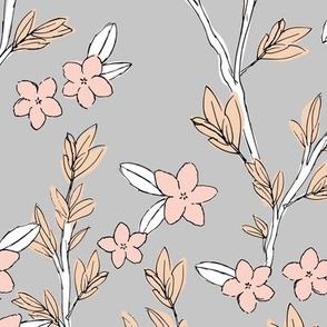 Romantic messy english garden leaves branches and flower blossom in ink pastel blush gray beige LARGE