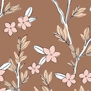 Romantic messy english garden leaves branches and flower blossom in ink neutral beige earthy brown tones LARGE 