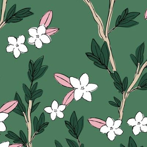 Romantic messy english garden leaves branches and flower blossom in ink green white pink LARGE 