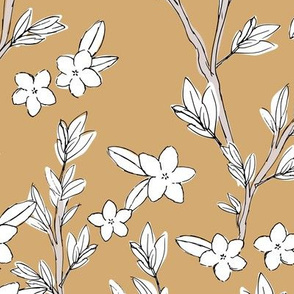 Romantic messy english garden leaves branches and flower blossom nursery ochre yellow camel white LARGE  