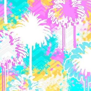 Hot day. Palms, energetic, south coast, palm trees, resort, hot summer, beach, yellow, magenta, bright, teal, turquoise, showy, cheerful, spectacular.