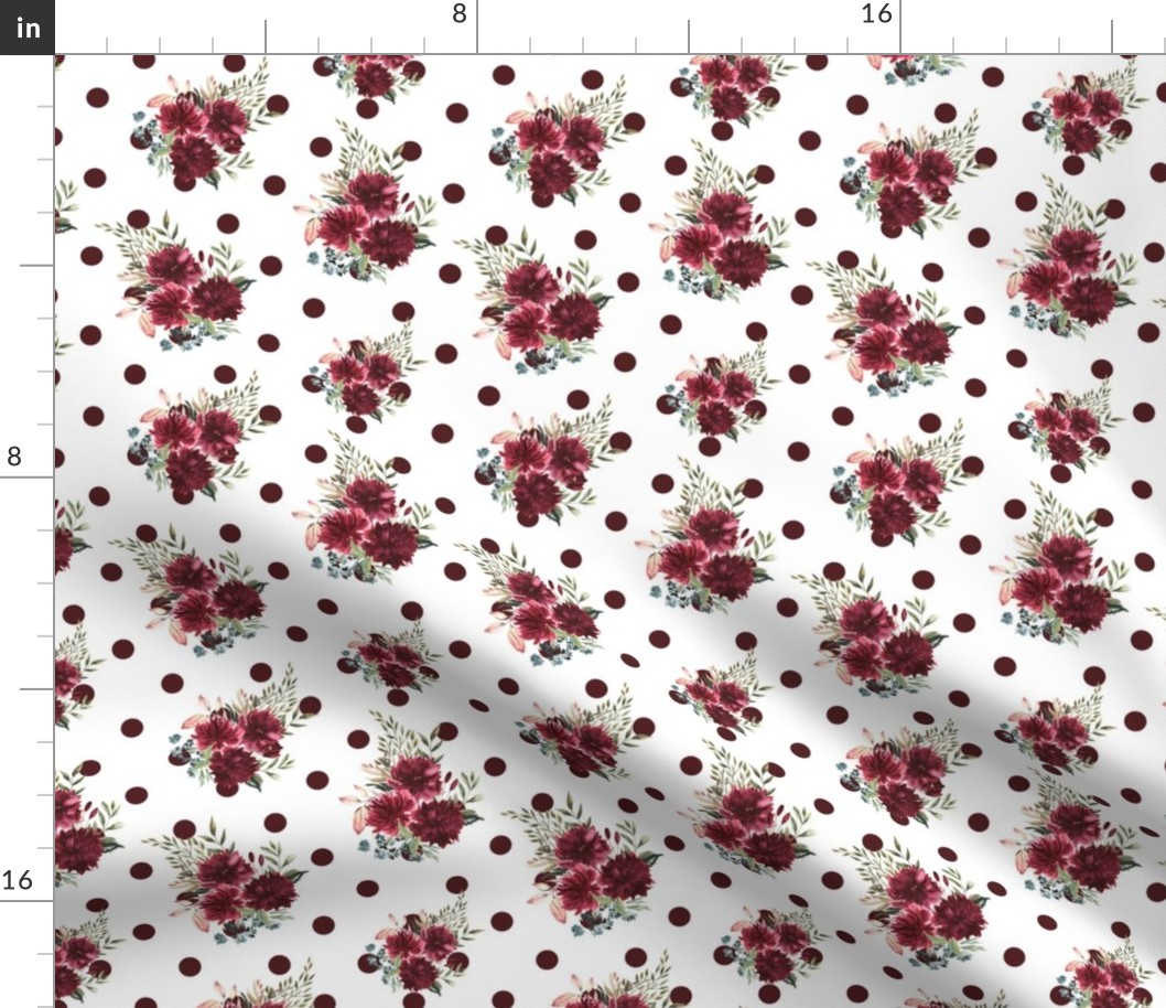scattered maroon floral on burgundy polka dots