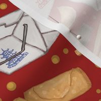 Chinese Food Takeout on Red, Egg Roll, Chinese Fortune Coin- Small Scale