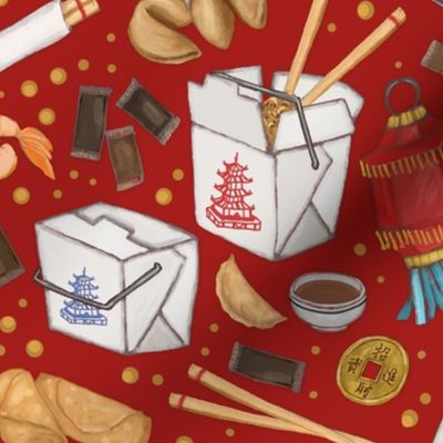 Chinese Food Takeout on Red, Egg Roll, Chinese Fortune Coin- Small Scale