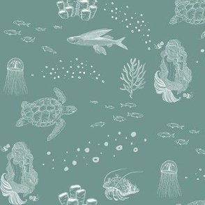 A school of fish mermaids sea turtles, and hermit crabs ocean novelty