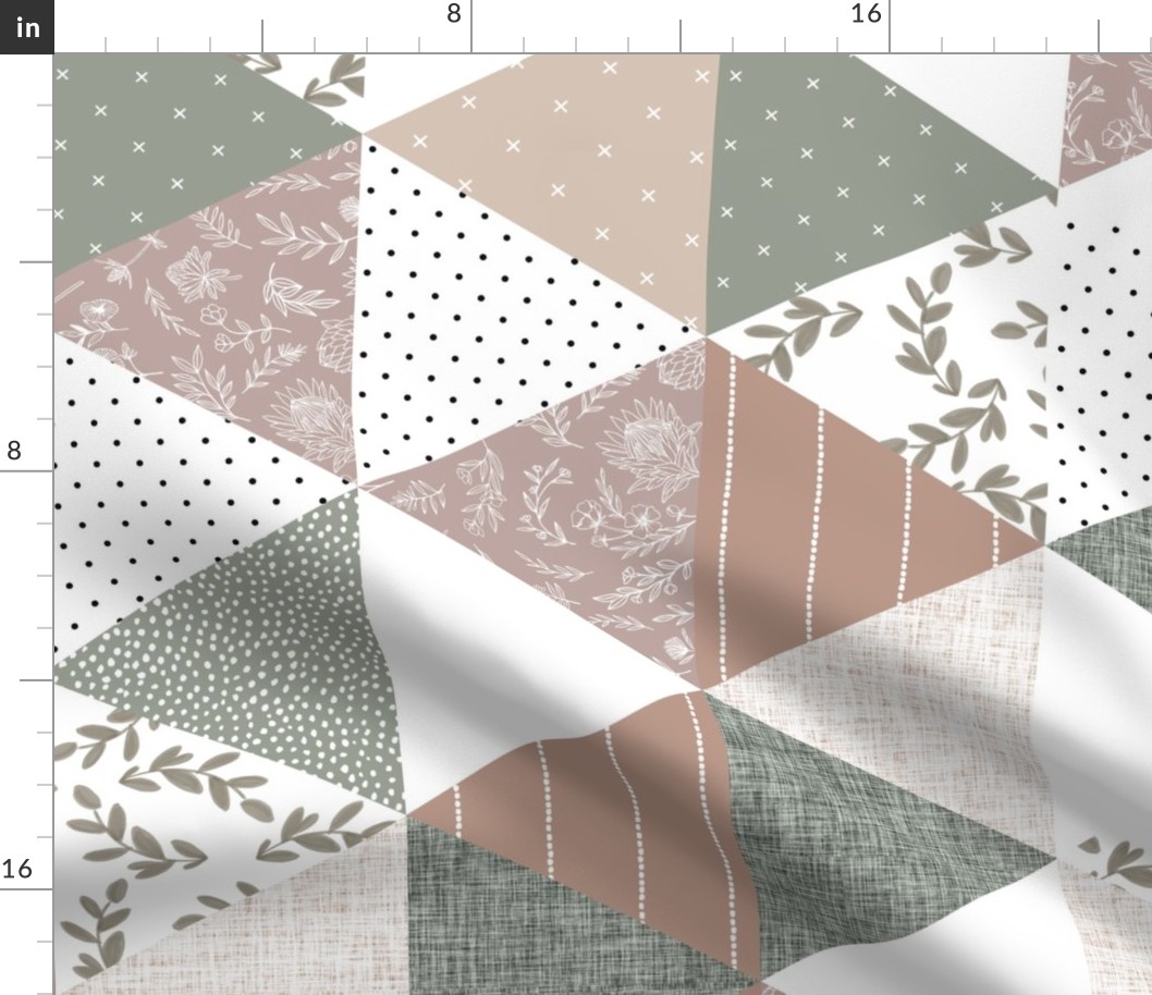 rotated 6" triangle wholecloth: mauve, laurel, taupe