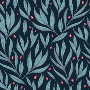 Pomegranate seeds and leaves | dark blue green | hand drawn