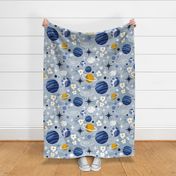 Large jumbo scale // Intergalactic dreams coordinate // pastel blue background goldenrod yellow denim pastel oxford and classic blue planets and stars