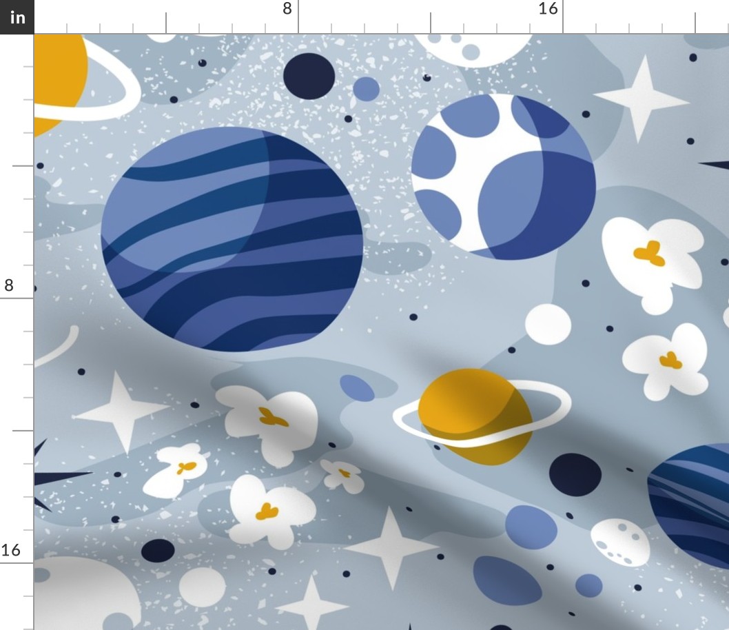 Large jumbo scale // Intergalactic dreams coordinate // pastel blue background goldenrod yellow denim pastel oxford and classic blue planets and stars