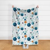 Large jumbo scale // Intergalactic dreams coordinate // white background tahiti orange aqua bondi and lagoon blue planets and stars