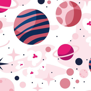 Large jumbo scale // Intergalactic dreams coordinate // white background oxford and classic blue fuchsia carissma and pastel pink planets and stars