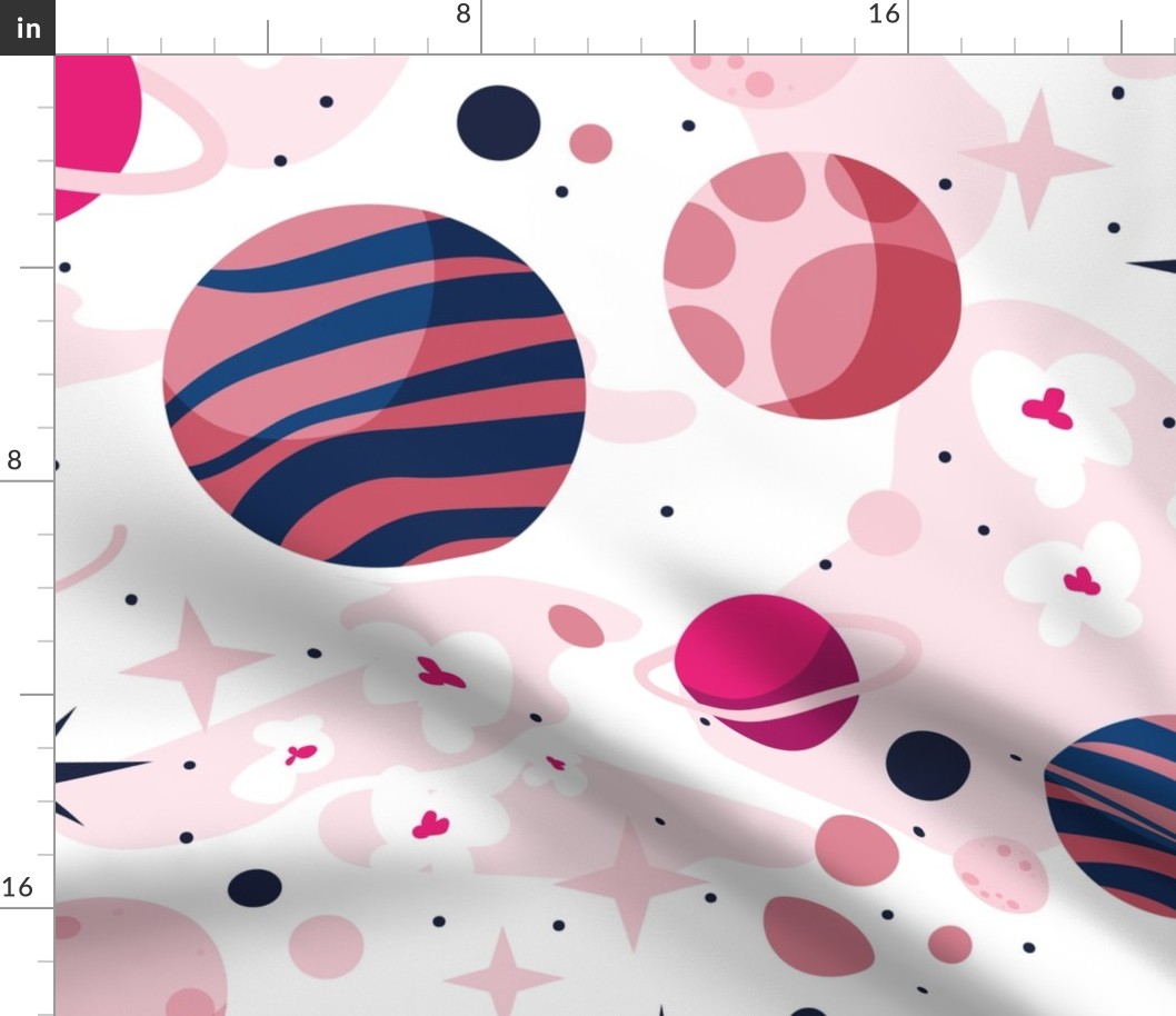 Large jumbo scale // Intergalactic dreams coordinate // white background oxford and classic blue fuchsia carissma and pastel pink planets and stars