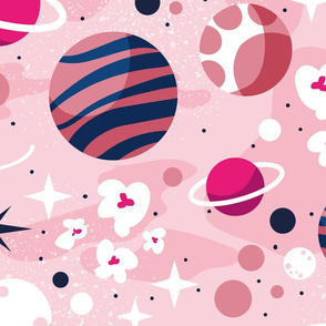 Large jumbo scale // Intergalactic dreams coordinate // pastel pink background oxford and classic blue fuchsia and carissma pink planets and stars