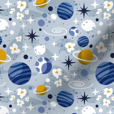 Small scale // Intergalactic dreams coordinate // pastel blue background goldenrod yellow denim pastel oxford and classic blue planets and stars