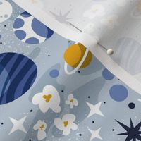 Small scale // Intergalactic dreams coordinate // pastel blue background goldenrod yellow denim pastel oxford and classic blue planets and stars