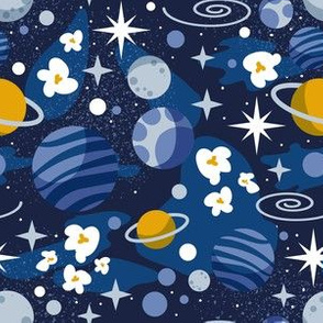 Small scale // Intergalactic dreams coordinate // oxford blue background goldenrod yellow denim pastel and classic blue planets and stars