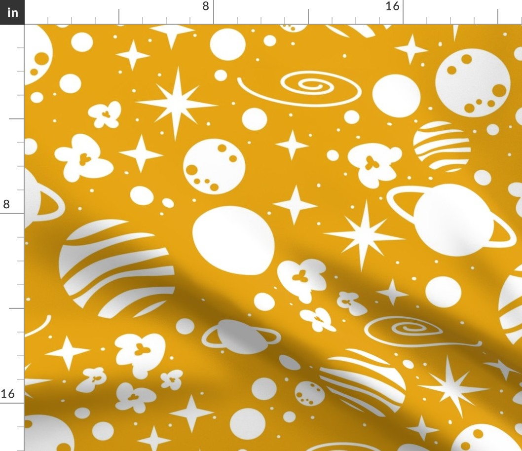 Normal scale // Monochromatic intergalactic dreams coordinate // goldenrod yellow background white planets and stars