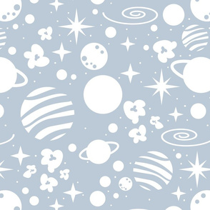 Normal scale // Monochromatic intergalactic dreams coordinate // pastel blue background white planets and stars