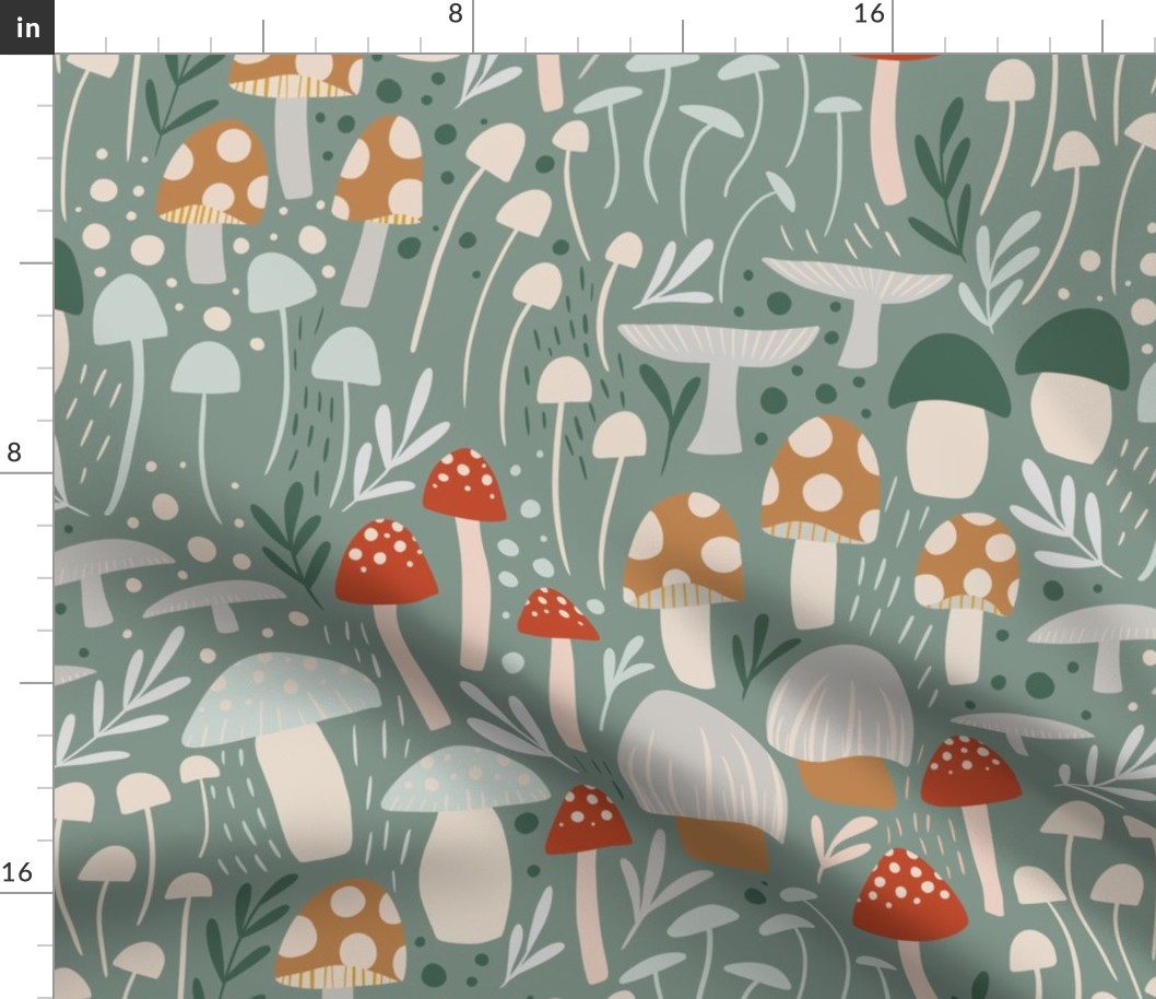 Woodland Mushroom Meadow - sage green - Fabric | Spoonflower