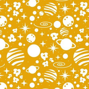 Small scale // Monochromatic intergalactic dreams coordinate // goldenrod yellow background white planets and stars