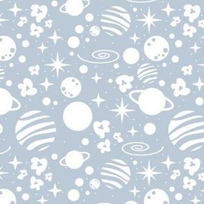 Small scale // Monochromatic intergalactic dreams coordinate // pastel blue background white planets and stars
