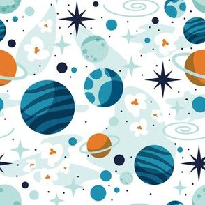 Small scale // Intergalactic dreams coordinate // white background tahiti orange aqua bondi and lagoon blue planets and stars