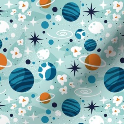 Small scale // Intergalactic dreams coordinate // aqua background tahiti orange bondi and lagoon blue planets and stars