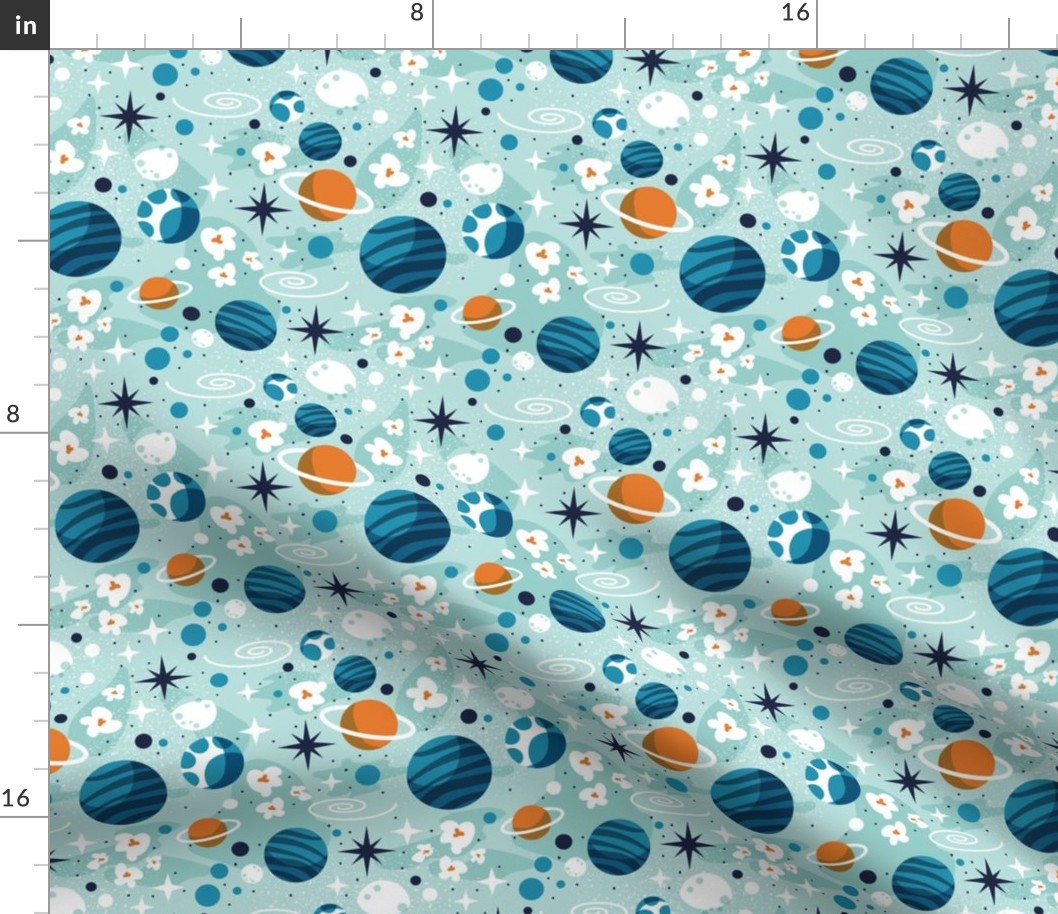 Small scale // Intergalactic dreams coordinate // aqua background tahiti orange bondi and lagoon blue planets and stars
