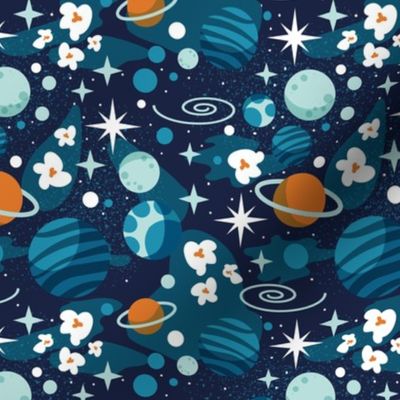 Small scale // Intergalactic dreams coordinate // oxford blue background tahiti orange aqua bondi and lagoon blue planets and stars