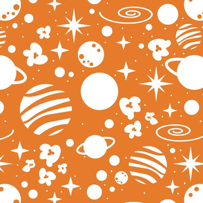 Normal scale // Monochromatic intergalactic dreams coordinate // tahiti orange background white planets and stars