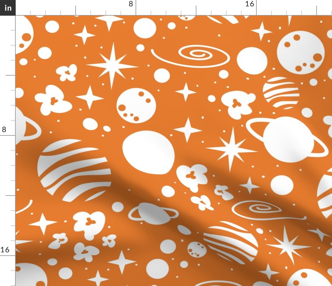 Normal scale // Monochromatic intergalactic dreams coordinate // tahiti orange background white planets and stars