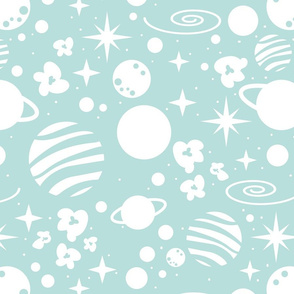 Normal scale // Monochromatic intergalactic dreams coordinate // aqua background white planets and stars