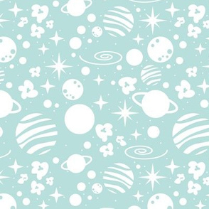 Small scale // Monochromatic intergalactic dreams coordinate // aqua background white planets and stars