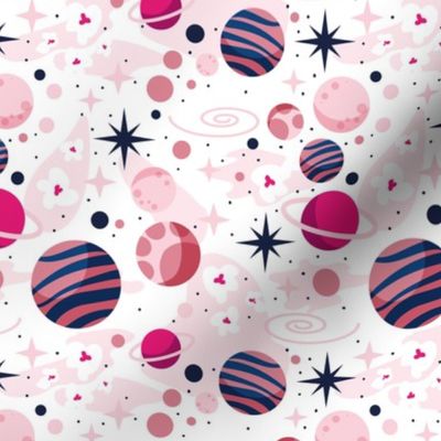 Small scale // Intergalactic dreams coordinate // white background oxford and classic blue fuchsia carissma and pastel pink planets and stars