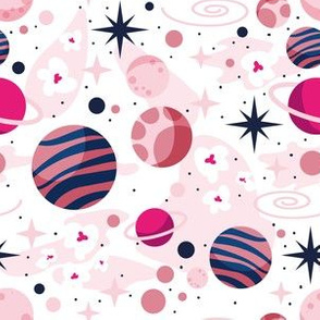 Small scale // Intergalactic dreams coordinate // white background oxford and classic blue fuchsia carissma and pastel pink planets and stars