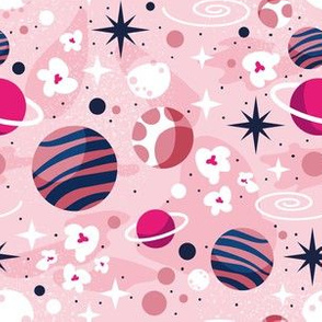 Small scale // Intergalactic dreams coordinate // pastel pink background oxford and classic blue fuchsia and carissma pink planets and stars
