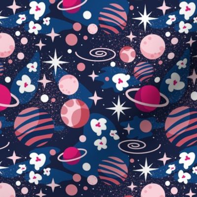Small scale // Intergalactic dreams coordinate // oxford blue background classic blue fuchsia pastel and carissma pink planets and stars